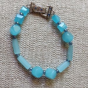 Handcrafted blue glass and silver bracelet (#153)